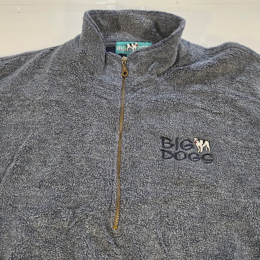 Big Dogs Mens XL Fleece Quarter Zip Pullover Sweater Gray Sherpa Mock Neck Logo